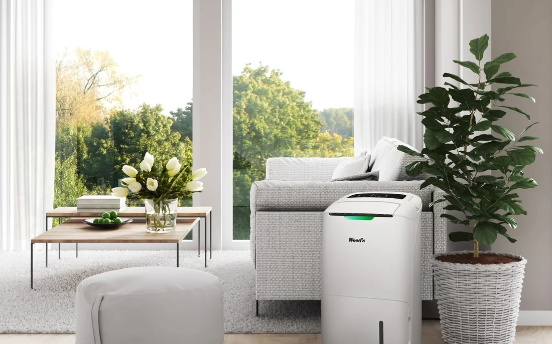 Wood's AD20 Luftentfeuchter mit Luftreinigung in einem Wohnzimmer