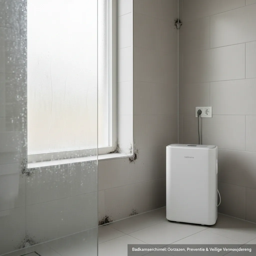 Badezimmer mit kleinen Schimmelflecken und einem Luftentfeuchter zur Vorbeugung.