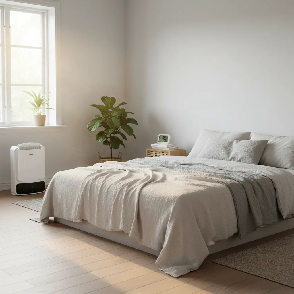 Frisches Schlafzimmer mit trocken gemachtem Bett und guter Lüftung